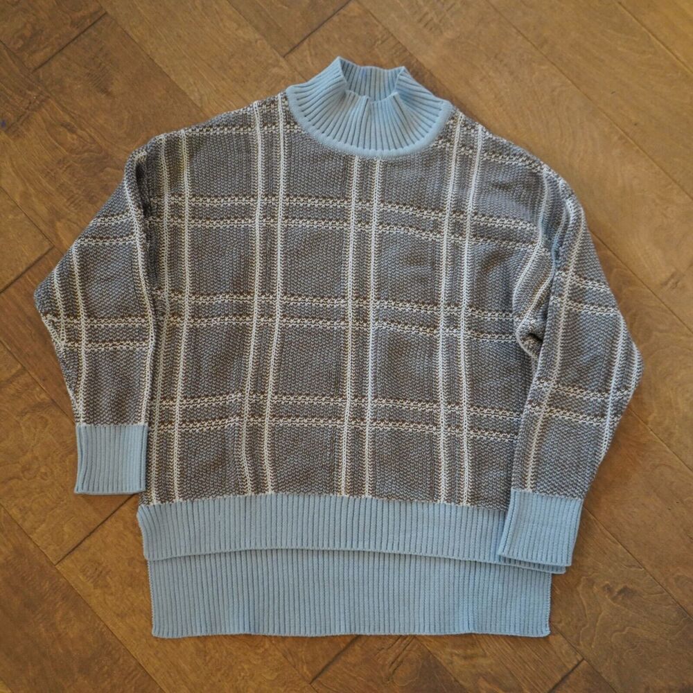 ABLE Women's Jana Patterned Turtleneck Sweater blue brown plaid organic SZ M - Picture 2 of 7